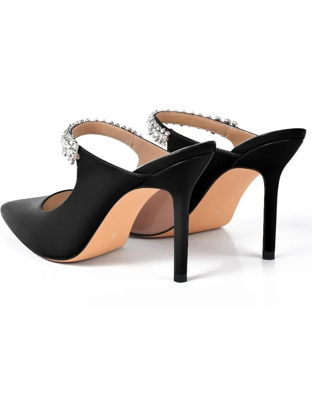 Women's Black Rhinestone Heels Pointed Toe Slip On 4